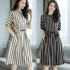 Women's Summer Plus Size Suit Was Thin Vertical Striped Five-Point Sleeve Dress