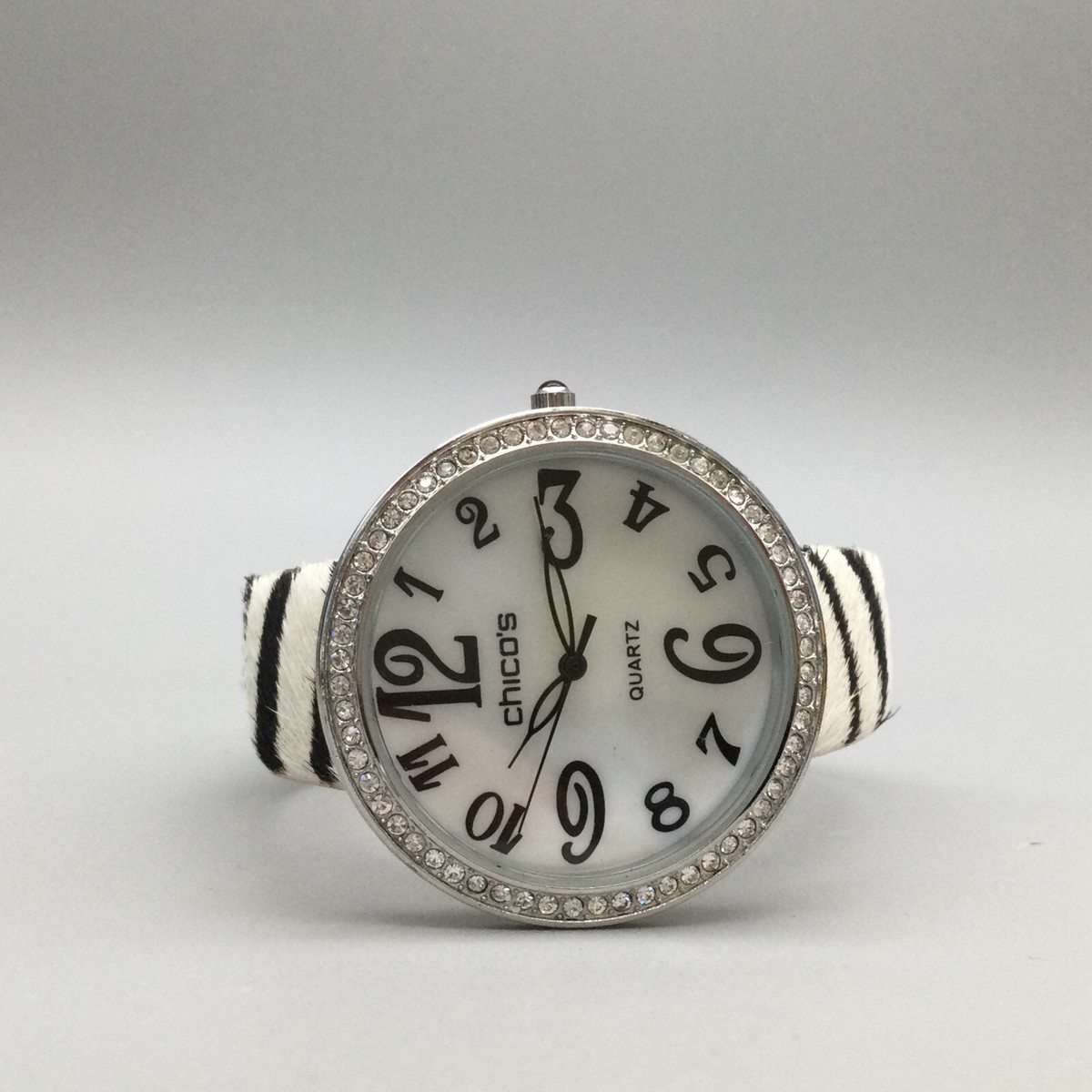 Chicos Watch Women 39mm Pave Silver Tone MOP FAUX Zebra Band  display picture 1