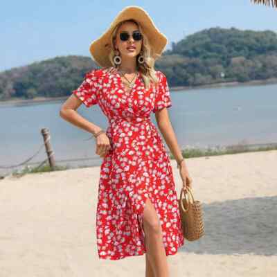 Kleid Damenkleid kurz Bohemian rot Blumen Satin weich Boho Chic 59028