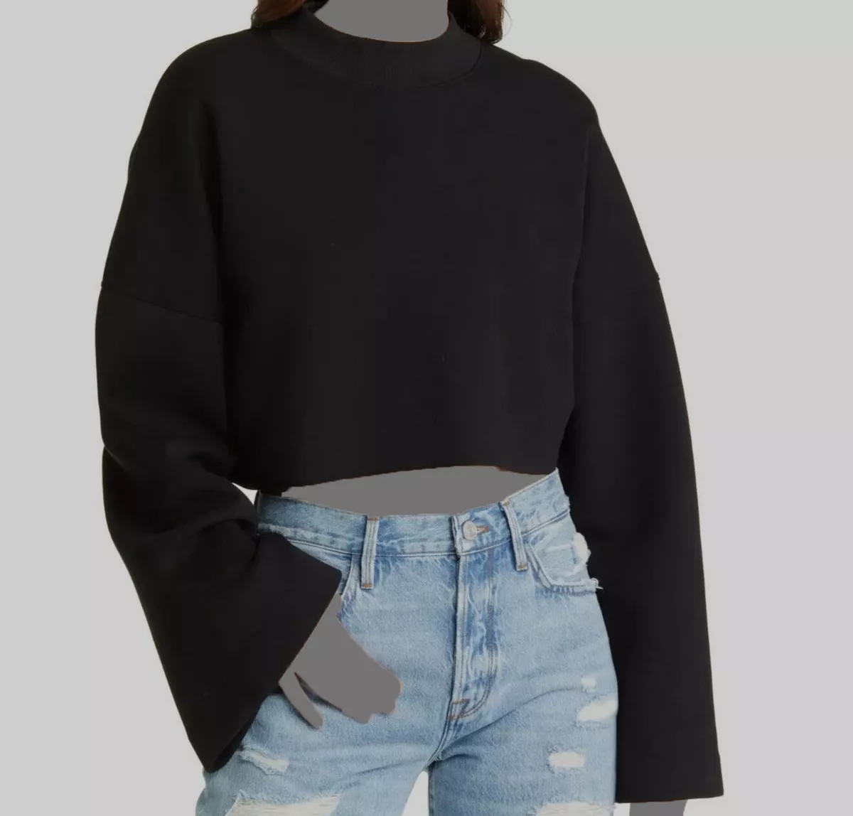 248 Frame Women s Black Mock Neck Cotton Blend Crop Pullover Sweatshirt Size L