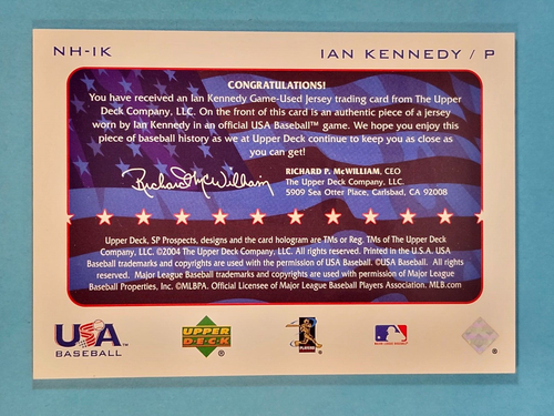 2004 Upper Deck SP Prospects National Honors USA Jersey Ian Kennedy #NH-IK ⚾ - Picture 2 of 2