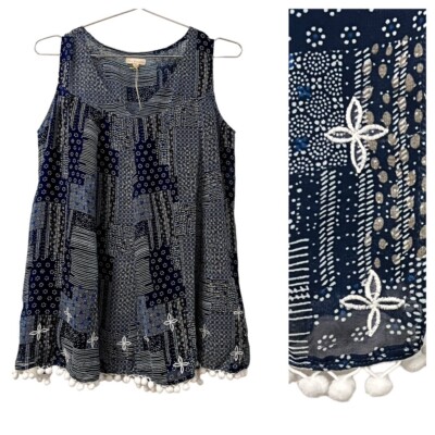 High Society Tank Top Size Small Navy White Embroidered Floral Chiffon A-Line