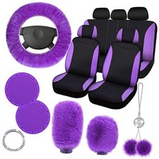 17 Pcs Car Seat Cover Full Set for Women Fluffy Car Decor Steering Purple