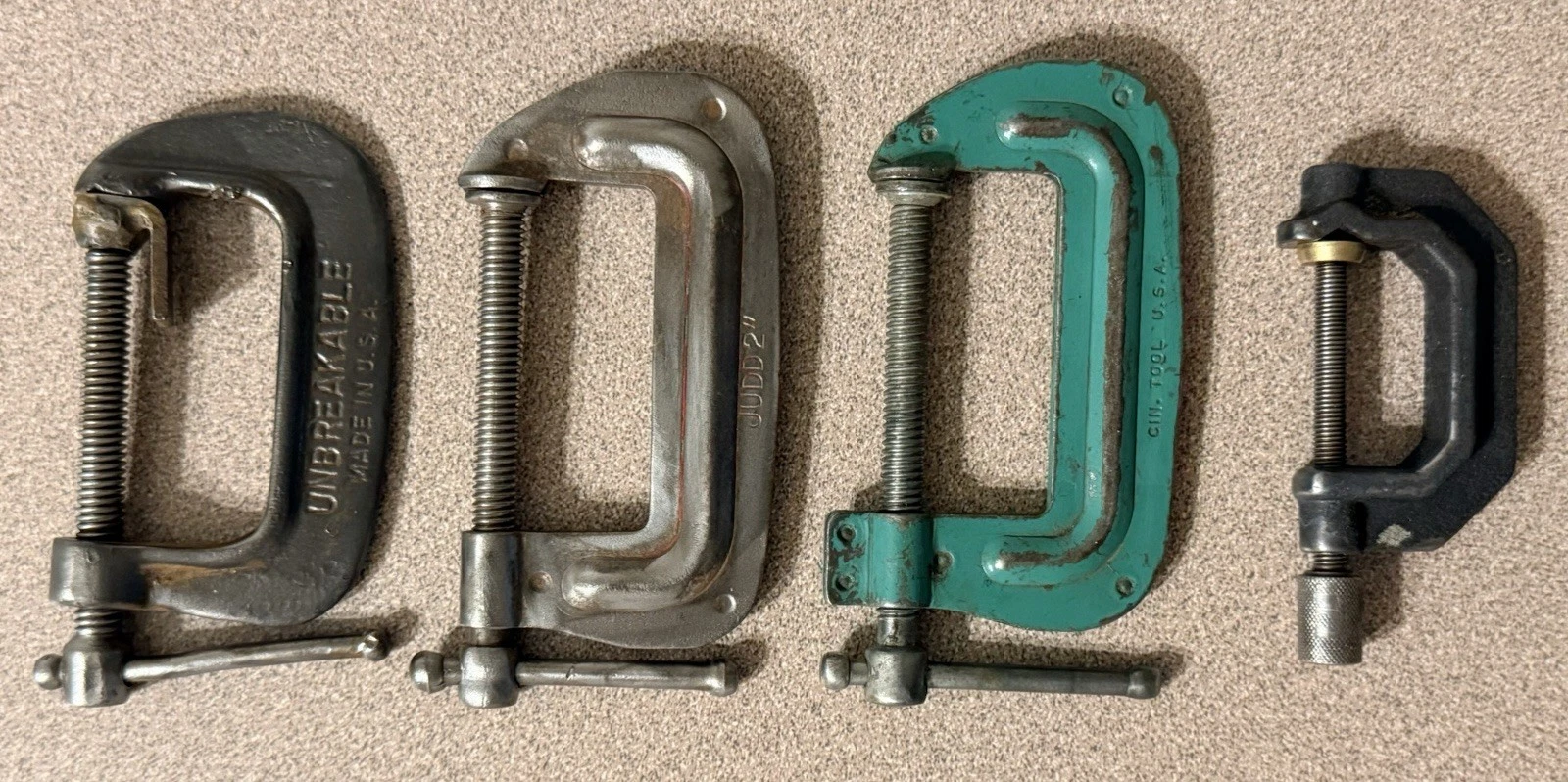 VTG C Clamp Lot of 4 - Cincinnati Tool Co, Judd 2", Unbreakable USA Cast Iron