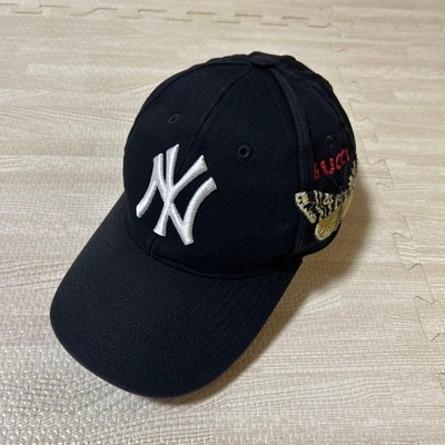GUCCI NY New York Yankees Baseball Cap Butterfly Hat Cotton Black Logo
