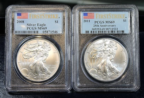 Pair of 2008 & 2011 American Silver Eagles - PCGS Graded MS69 1st Strike !!