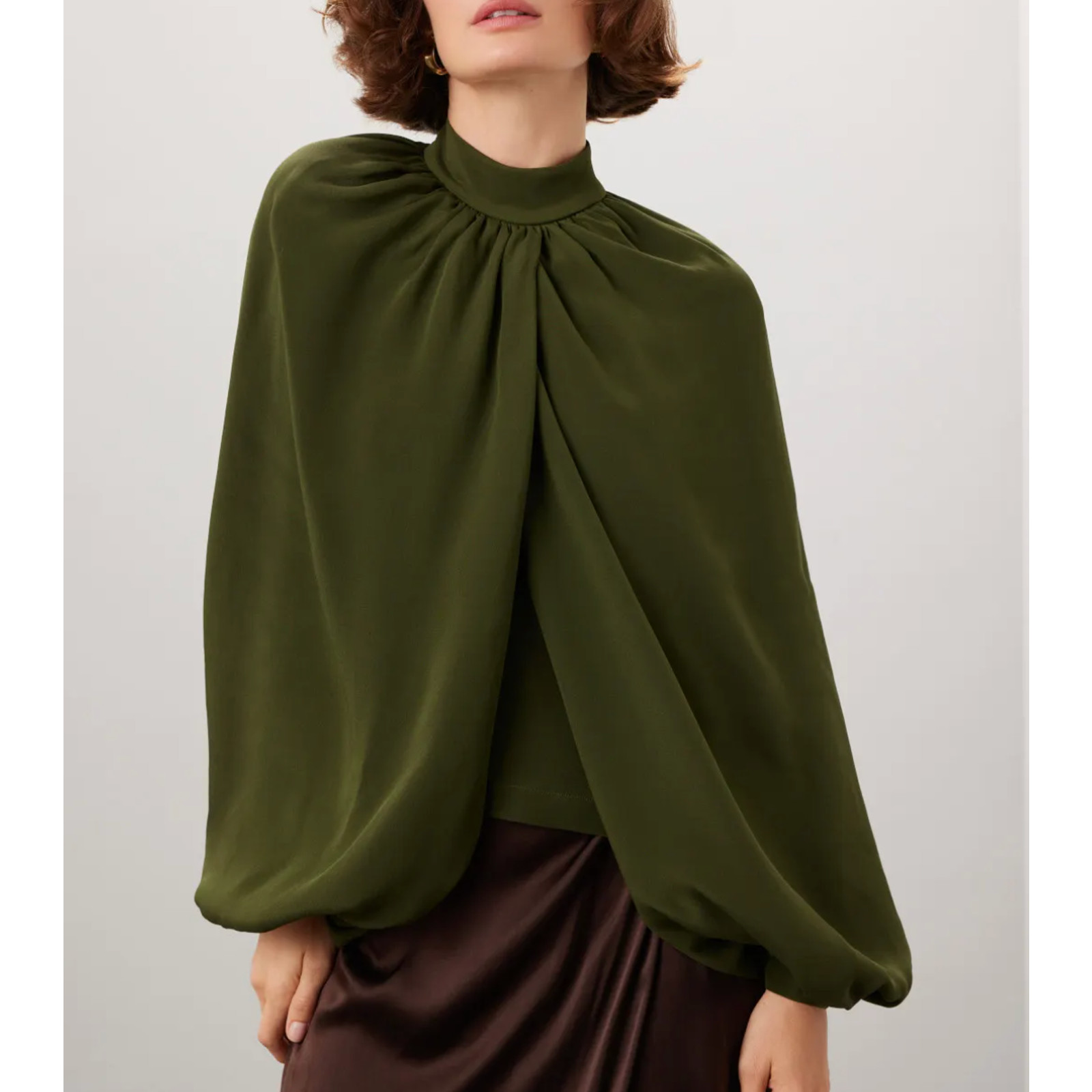 CO Olive Green Wrap Top MEDIUM Balloon Sleeve Career Mockneck Silk Designer $895