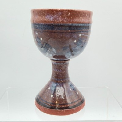 Handmade Studio Pottery Chalice Goblet 5.5'' Brown Blue Speckled Glaze Folk Art