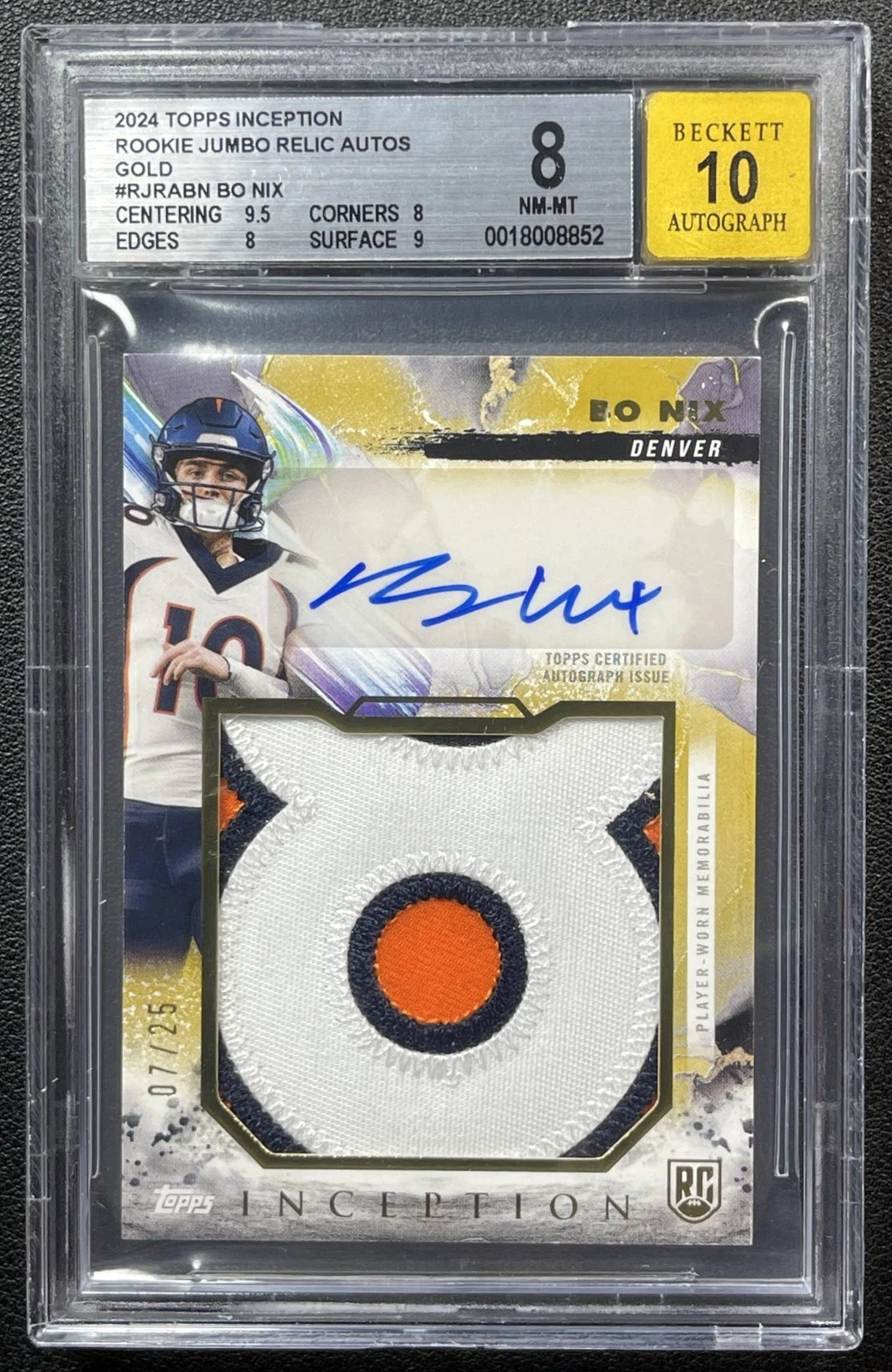 Bo Nix Topps Inception Rookie Jumbo Relic Autographs #RJRABN Orange