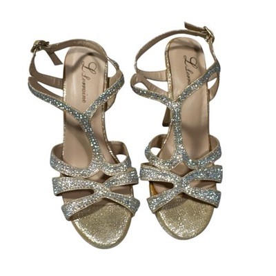 L. Lorraine Silver Dazzle Sparkle Strappy T Strap Formal Prom Heels Sz 7.5