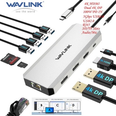 WAVLINK 12-in-1 Laptop Docking Station USB C Hub Triple Monitor 4K HDMI Dual DP