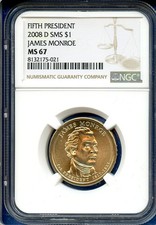 2008 D NGC SMS MS67 James Monroe 5th President $1 US Mint Coin 2008-D MS-67