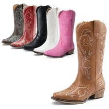 Women Low Heel Pull On Western Boots Square Toe Cowboy Cowgirl Mid Calf Boots