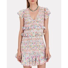 LoveShackFancy Sonora Smocked Floral Mini Dress Size Small Coral Reef Waves