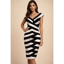 XSCAPE Joanna Chen Black White Striped Bandage Sheath Cocktail Dress 6