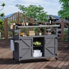 Outdoor Grill Cart w/Storage Cabinet Metal Outdoor Grill Station Prep Table Gray