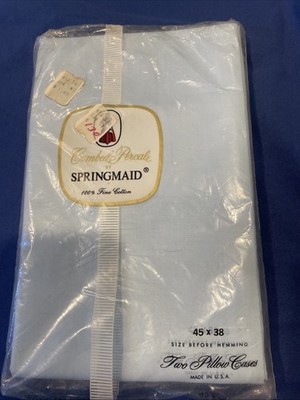 NOS Vintage Springmaid Pillow Cases Combed Percale Blue  2 Pack 42 X 38 1/2''