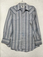 Vintage Ely Cattleman Shirt Mens 16.5 34 Blue Stripe Pearl Snap Long Sleeve