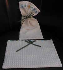 Ensemble Pochette + Pochon en tissu nid d'abeille écru fait main