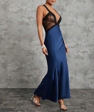 SHEIN X WOMEN'S MAXI DRESS SIZE: M NAVY BLUE SATIN LACE SHEER PLUNGING NECK NEW
