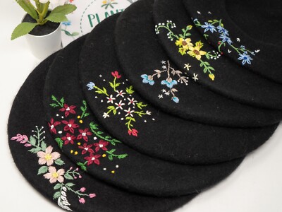 Women\'s French Style Flower Knitted Embroidery Beret Hats Navy Blue Flower Embroidery Beret Hat for Women, French Style Knitted  main image 4