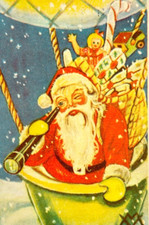 Santa Yellow Mittens Rides Hot Air Balloons Carries Toys Christmas Postcard