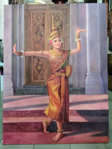 Cambodgienne Apsara dansante à l'huile peinture signée 120 cm x 160 cm - Photo 1 sur 14