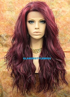 FREE PART HUMAN HAIR BLEND LACE FRONT FULL WIG LONG WAVY LAYERED BURGUNDY