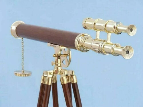 Antique Nautical Floor Standing Telescope Brass 39" With Wooden Tripod Stand - Picture 2 of 6