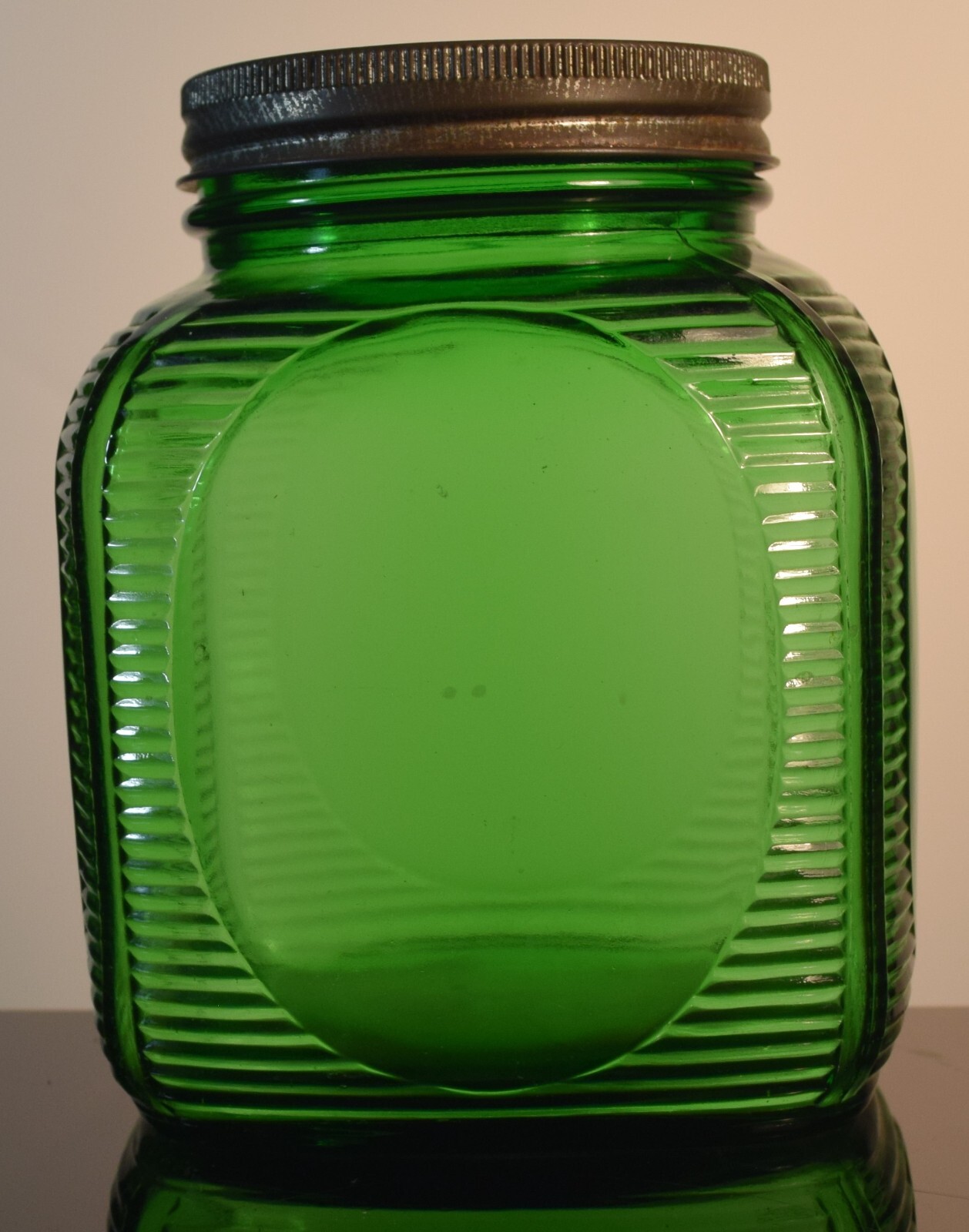 Rare Vintage Owens Illinois Green Ribbed Glass Canister Hoosier Jar Art