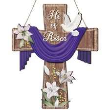 BBTO Easter Door Sign He Is Risen Hanging Decor Religious Cross Sign Easter W...