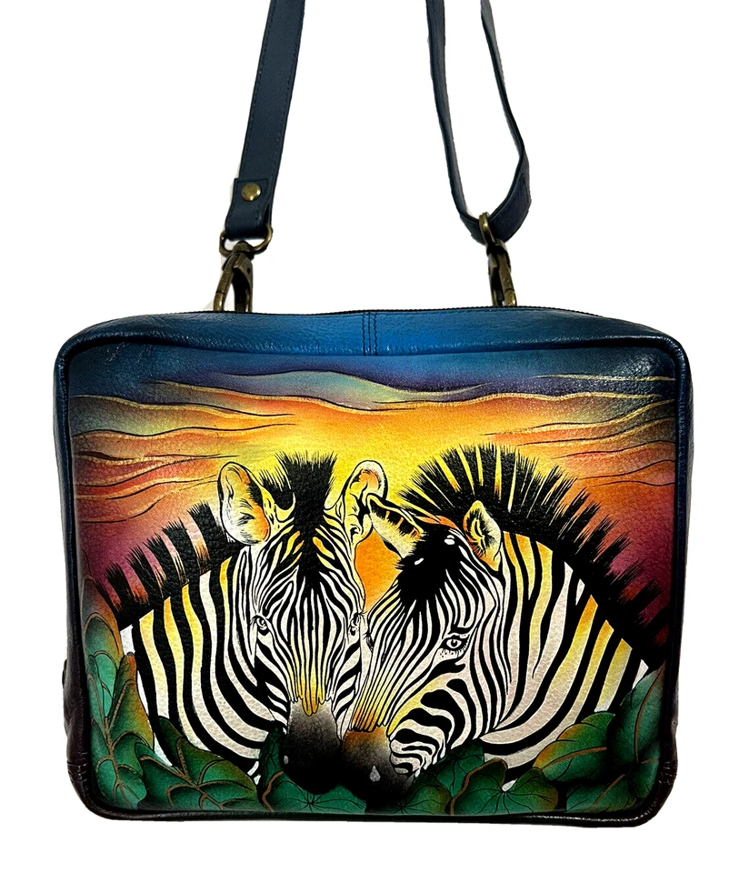 Anuschka Hand Painted Leather Crossbody Organizer Bag-Zebra Sunset-NWT- $176.00