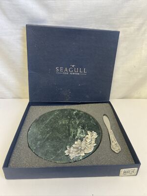 Vintage Seagull Pewter & Green Marble Cheese Plate & Knife Charcuterie Set 