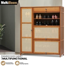 40" Bamboo Shoe Storage Cabinet Plaid Pattern Door Boots Organizer Rack w/Drawer