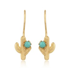 Turquoise Gemstone 925 Silver Gold Plated Wild Cactus Design Hook Earrings