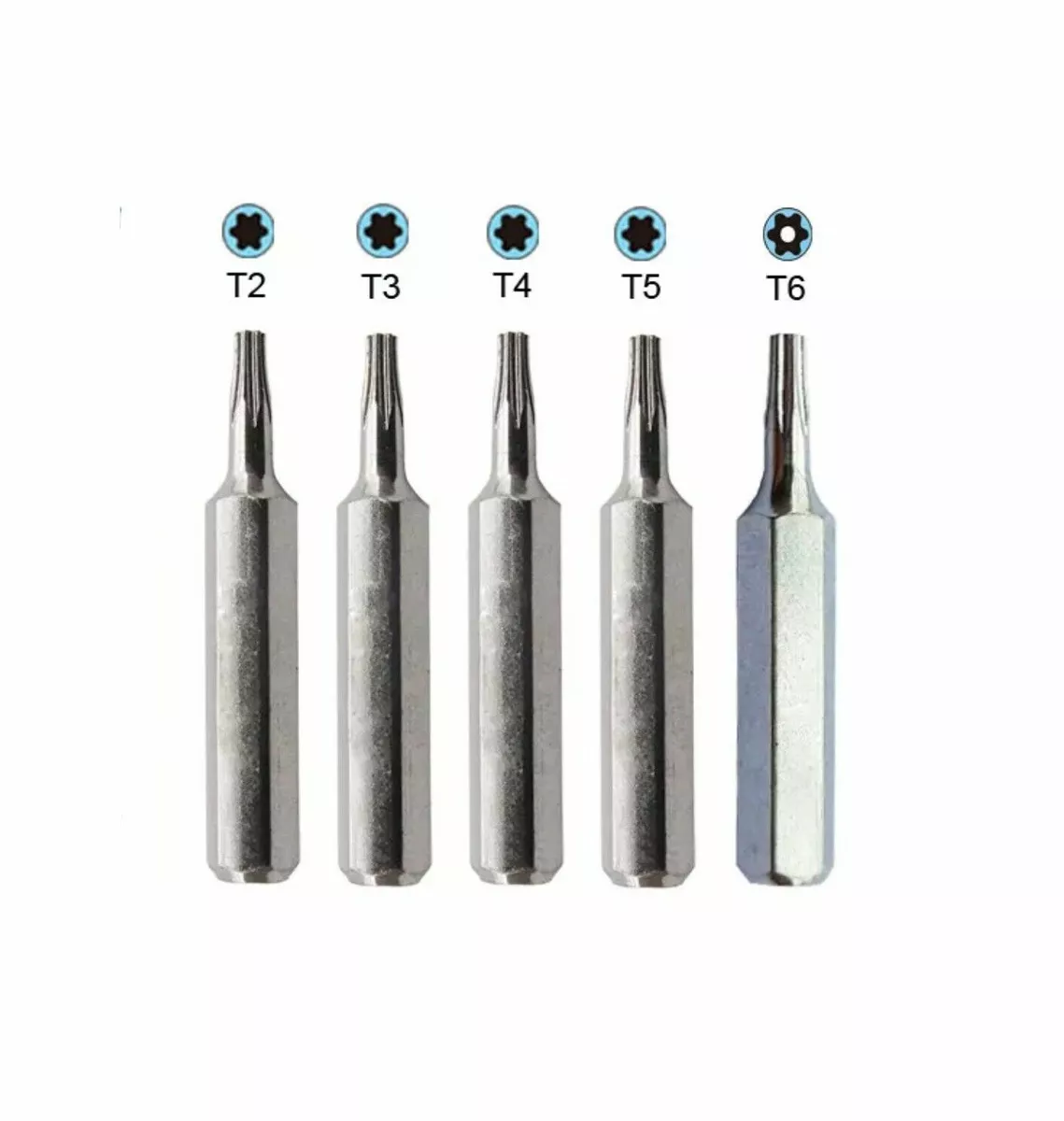 Torx Screwdriver Bit Set T2, T3, T4, T5, TR6 (T6H Security torx