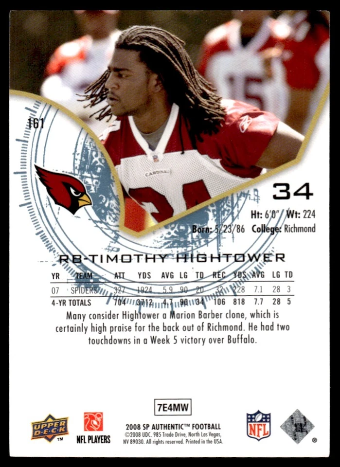 2008 SP Authentic Tim Hightower Rookie 501/999 Arizona Cardinals #161 R75 - Image 2 of 2