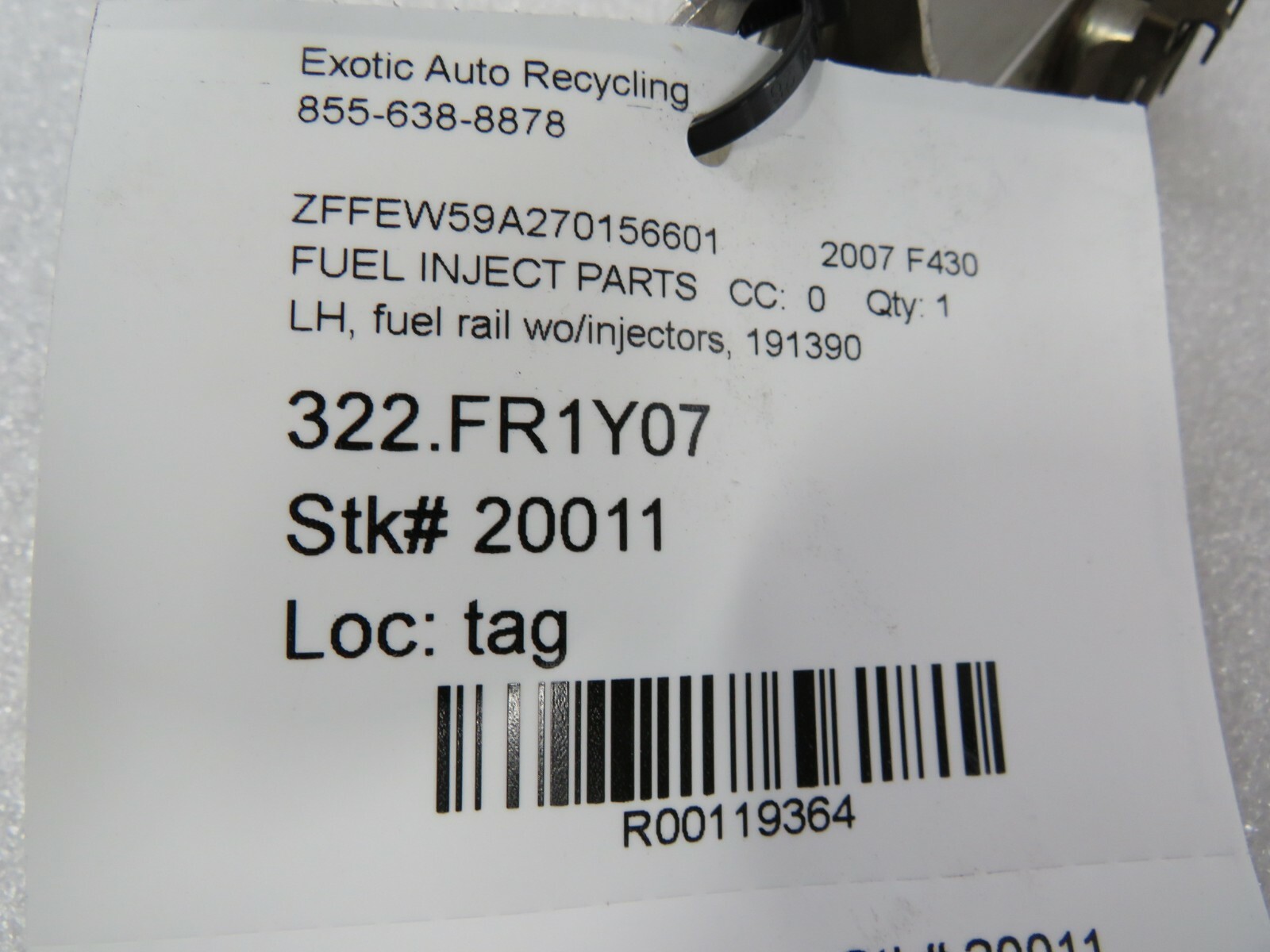 Ferrari F430, LH Fuel Rail Without Injectors, Used, P/N 191390