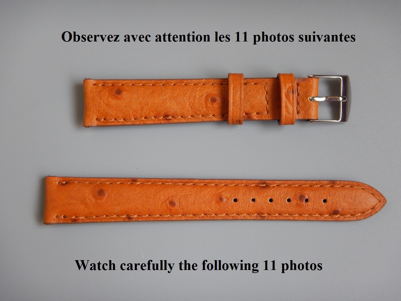 Bracelet de montre 14 mm cuir miel façon autruche couture ton sur ton pour femme