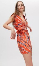 Urban Outfitters Women Orange Printed Silver Sun Mini Tie Wrap Dress Sz XS New