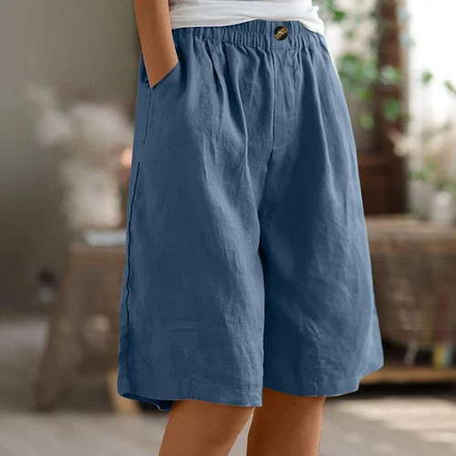 Pantalones cortos para mujer color liso bolsillo abotonado capris cintura elástica sueltos - Imagen 20 de 66