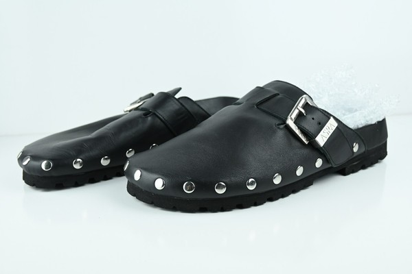 ASRA Chunky Leather Loafers Stud Mule Shoes UK 10 EU 44 Black Leather Flats
