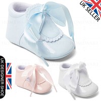 Baby Shoes Soft Sole Boy Girls Slip On Pram Shoes Ribbon Pink White Baby Blue