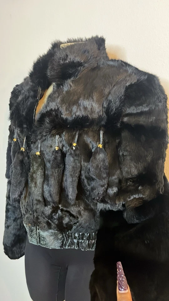 Vintage 80s Black Rabbit Fur & Leather Cropped Coat W/ Rabbit Tails - Image 3 of 4