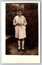 Postcard RPPC Cute Girl Well Dressed Big Bow Fashion Hair Style Vintage c1919 C3