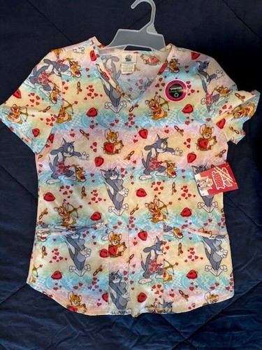 Scrubstar Tom & Jerry Love Print Hearts Nurse Uniform Scrub Top - Picture 2 of 15