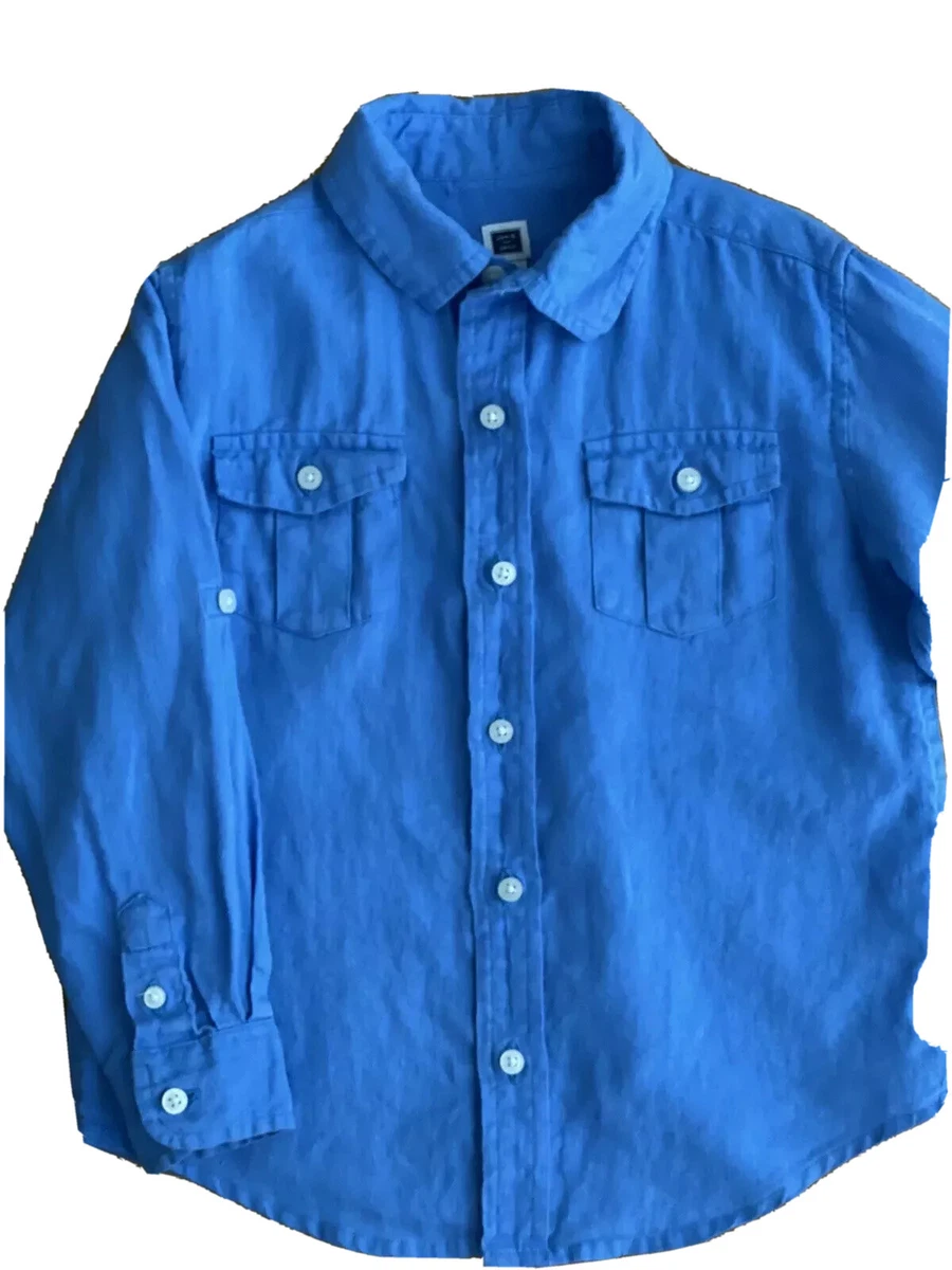 Janie And Jack Boys Linen Shirt Long Sleeve Rolling Cuffs Blue Size 4, Toddler