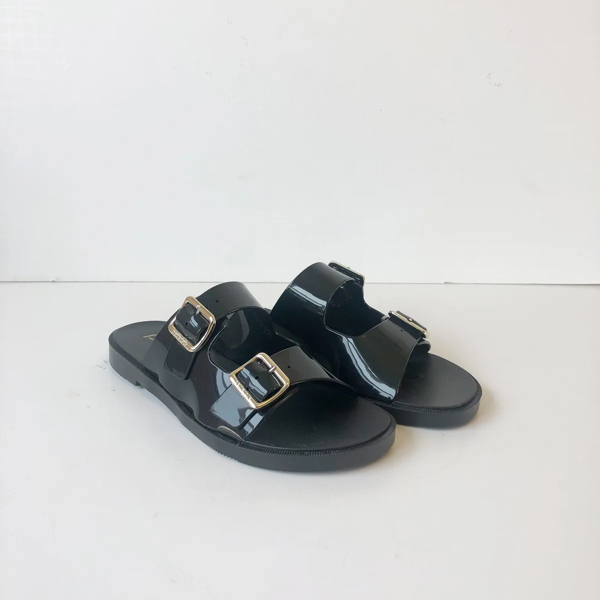 Petite Jolie Sandals Slide Black Double Buckle Strap Made in Brazil Size 6.5