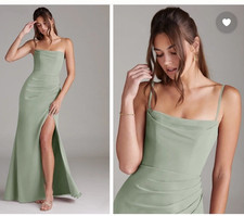 Azazie Satin Bridesmaid Dress Leonis, Dusty Sage, Custom Size, Sleeveless