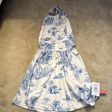 Cider Blue White Scenic Print Halter Tie Short Sleeveless Dress Size M
